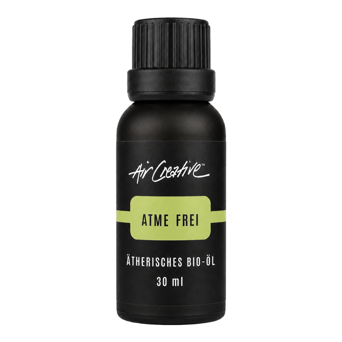 Ätherisches BIO-Öl "Atme frei" 30ml von Air Creative – Bio-Öl-Mischung mit Eukalyptus und Cajeput, schwarze Flasche auf weissem Hintergrund