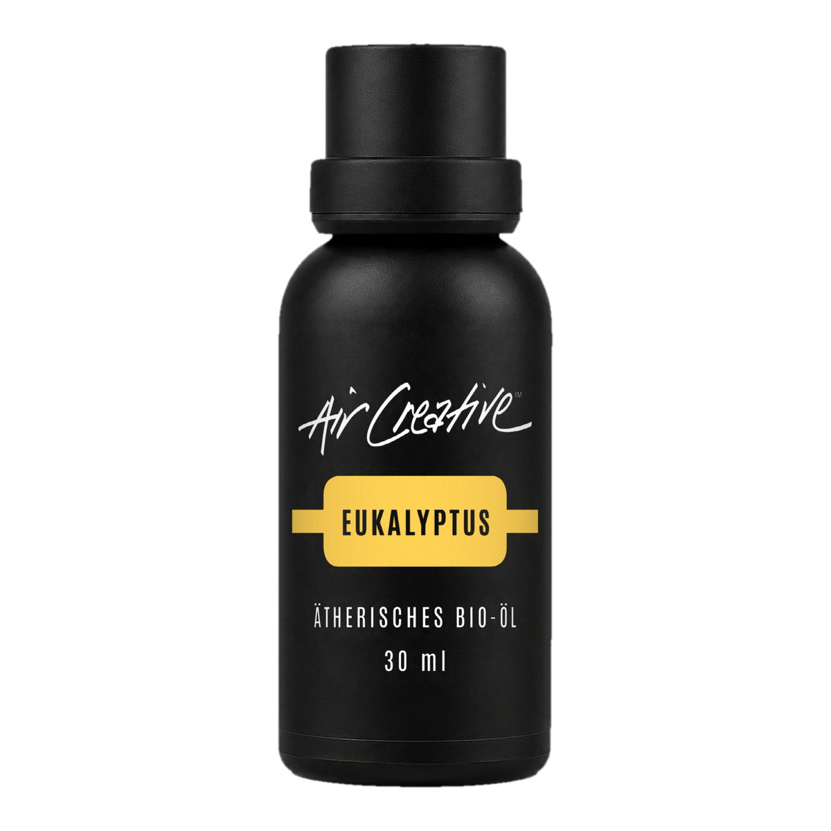 Ätherisches BIO-Öl "Eukalyptus" 30ml von Air Creative – naturreines Bio-Eukalyptusöl, schwarze Flasche auf weissem Hintergrund
