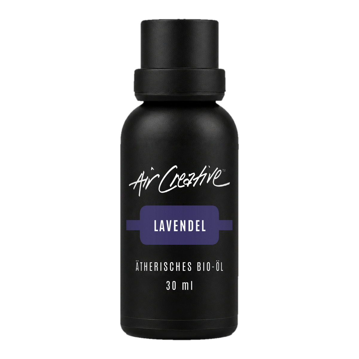 Ätherisches BIO-Öl "Lavendel" 30ml von Air Creative – naturreines Bio-Lavendelöl, schwarze Flasche auf weissem Hintergrund