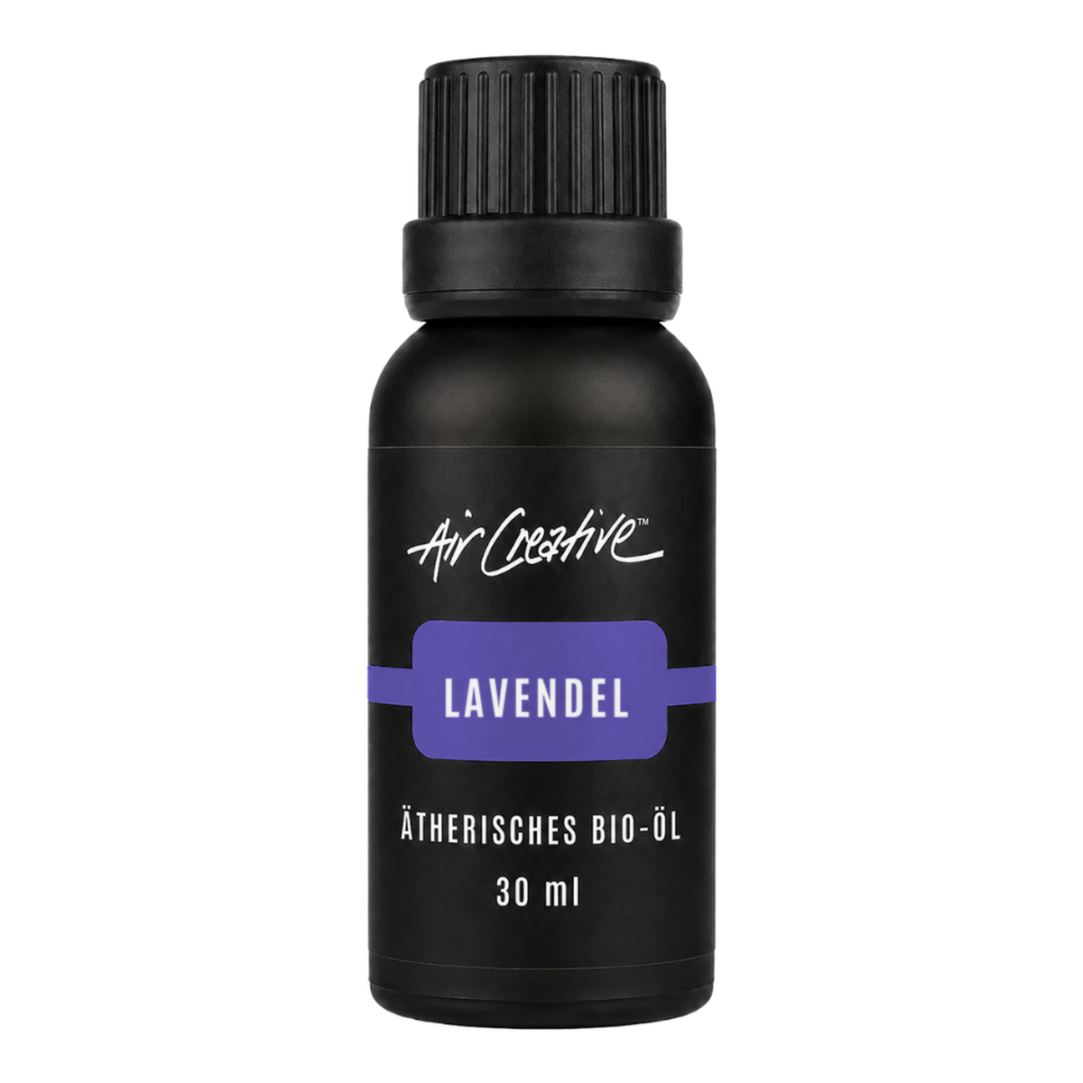 Ätherisches BIO-Öl "Lavendel" 30ml von Air Creative – naturreines Bio-Lavendelöl, schwarze Flasche auf weissem Hintergrund