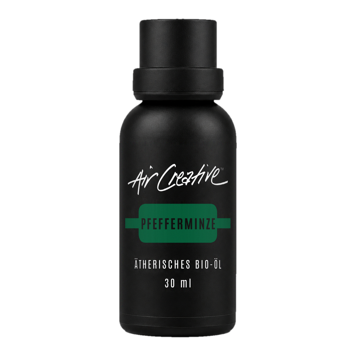 Ätherisches BIO-Öl "Pfefferminze" 30ml von Air Creative – naturreines Bio-Pfefferminzöl, schwarze Flasche auf weissem Hintergrund