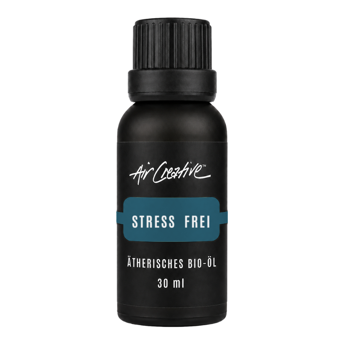 Ätherisches BIO-Öl "Stress frei" 30ml von Air Creative – Bio-Öl-Mischung mit Orange, Bergamotte und Kamille, schwarze Flasche auf weissem Hintergrund
