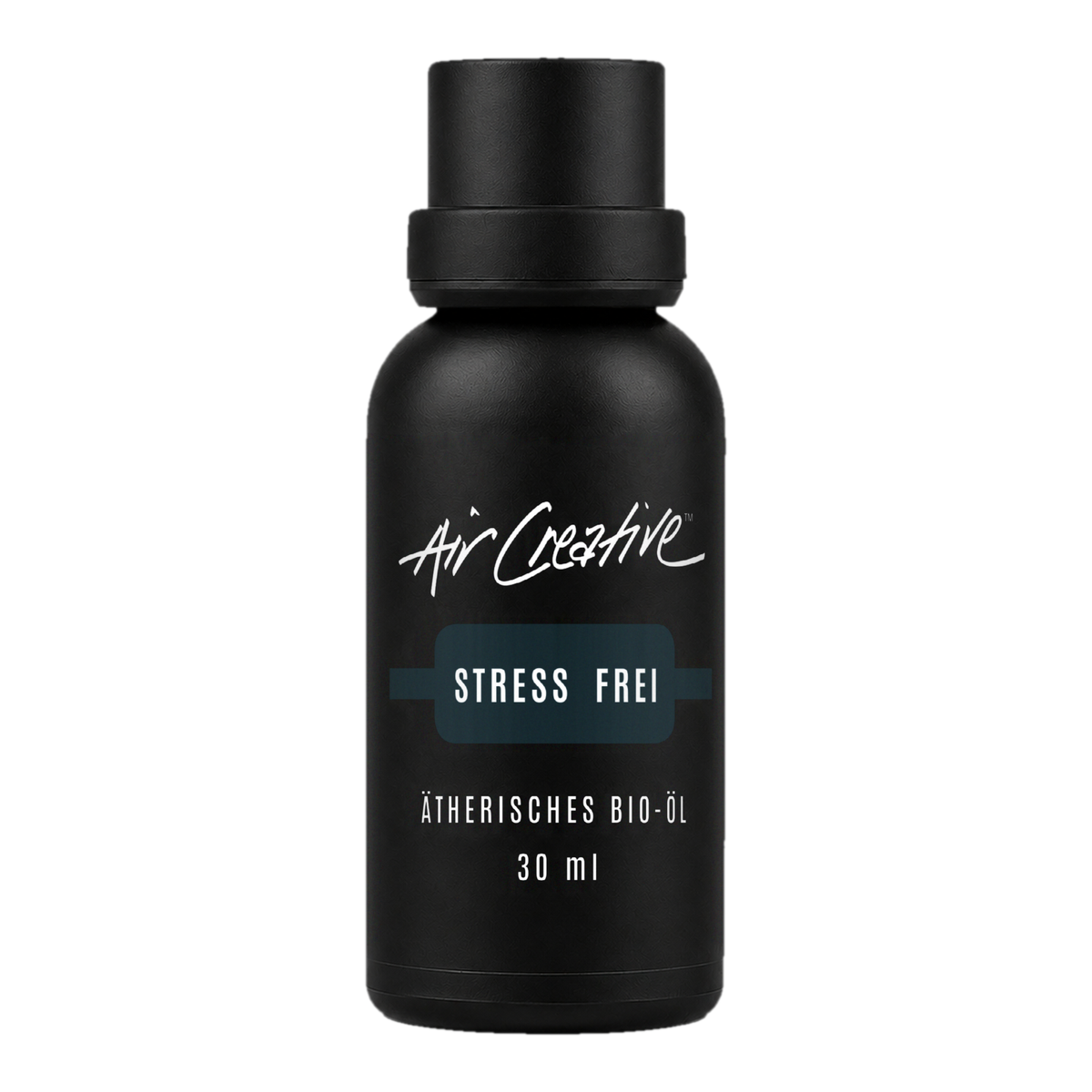 Ätherisches BIO-Öl "Stress frei" 30ml von Air Creative – Bio-Öl-Mischung mit Orange, Bergamotte und Kamille, schwarze Flasche auf weissem Hintergrund