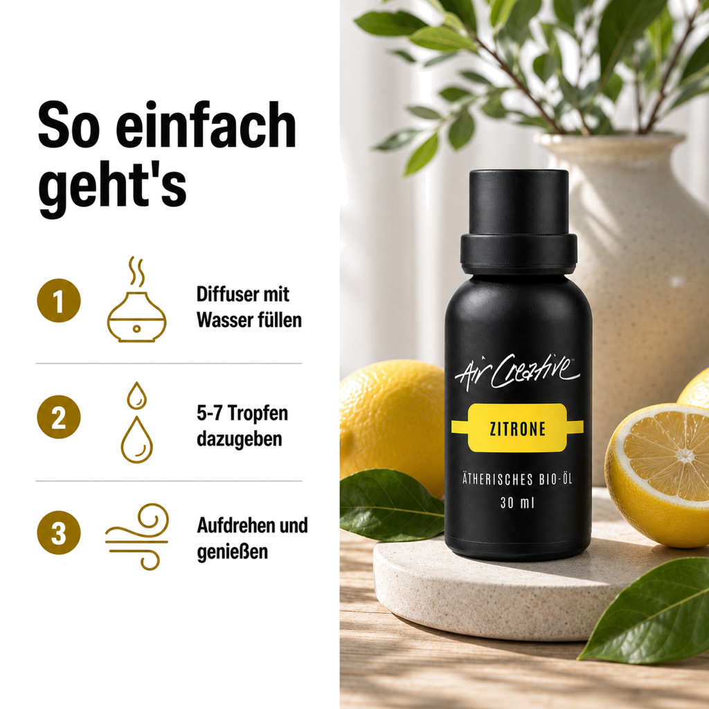 Ätherisches BIO-Öl "Zitrone" 30ml von Air Creative – Anwendung Schritt für Schritt