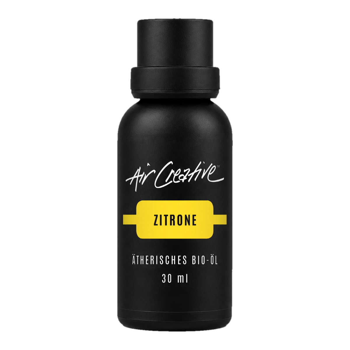 Ätherisches BIO-Öl "Zitrone" 30ml von Air Creative – naturreines Bio-Zitronenöl, schwarze Flasche auf weissem Hintergrund