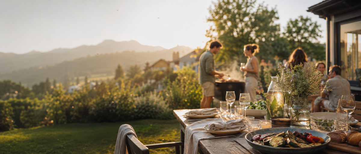 Sommerabend im Garten beim Grillen in der goldenen Abendsonne - natürlicher Mückenschutz für entspannte Stunden draussen.