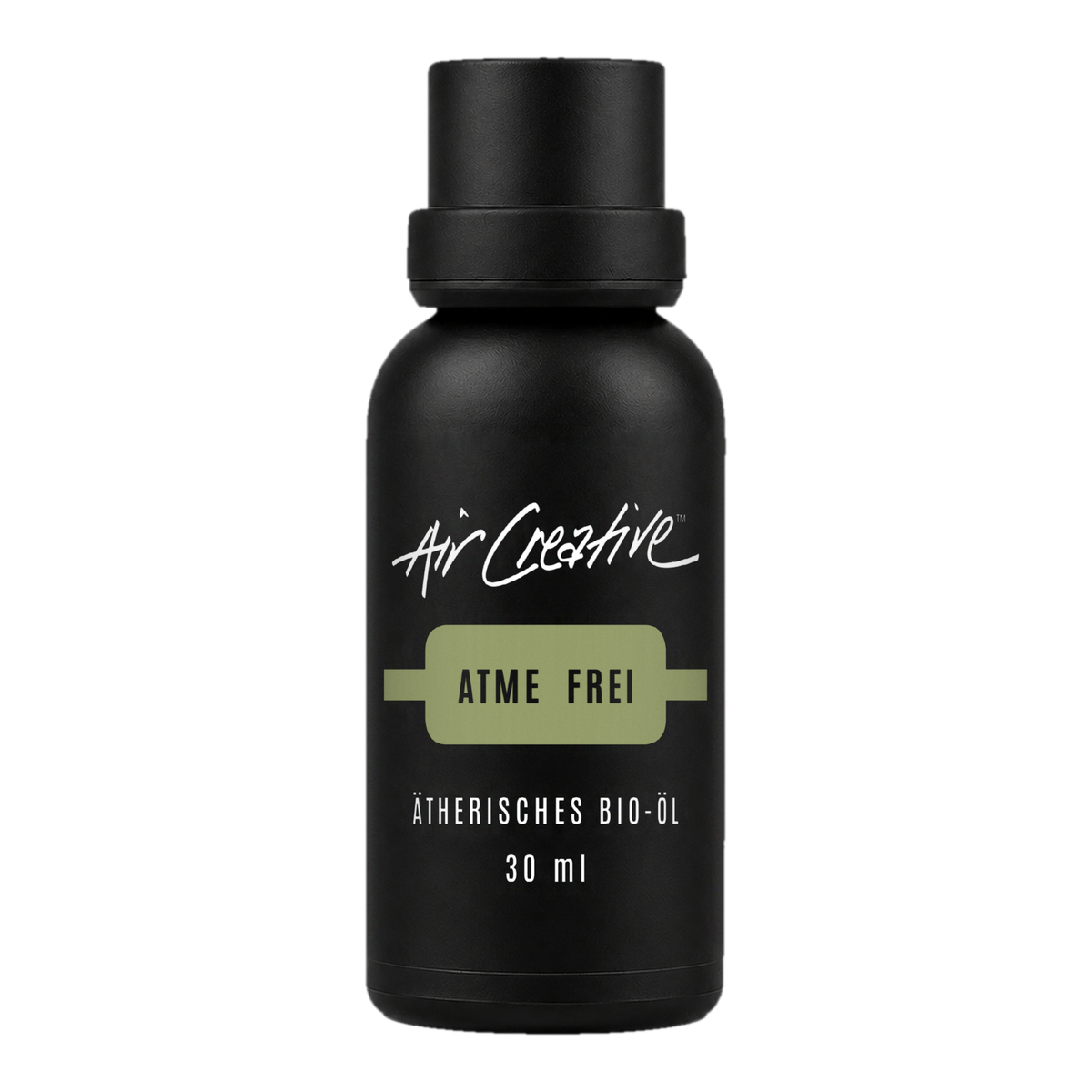 Ätherisches BIO-Öl "Atme frei" 30ml von Air Creative – Bio-Öl-Mischung mit Eukalyptus und Cajeput, schwarze Flasche auf weissem Hintergrund