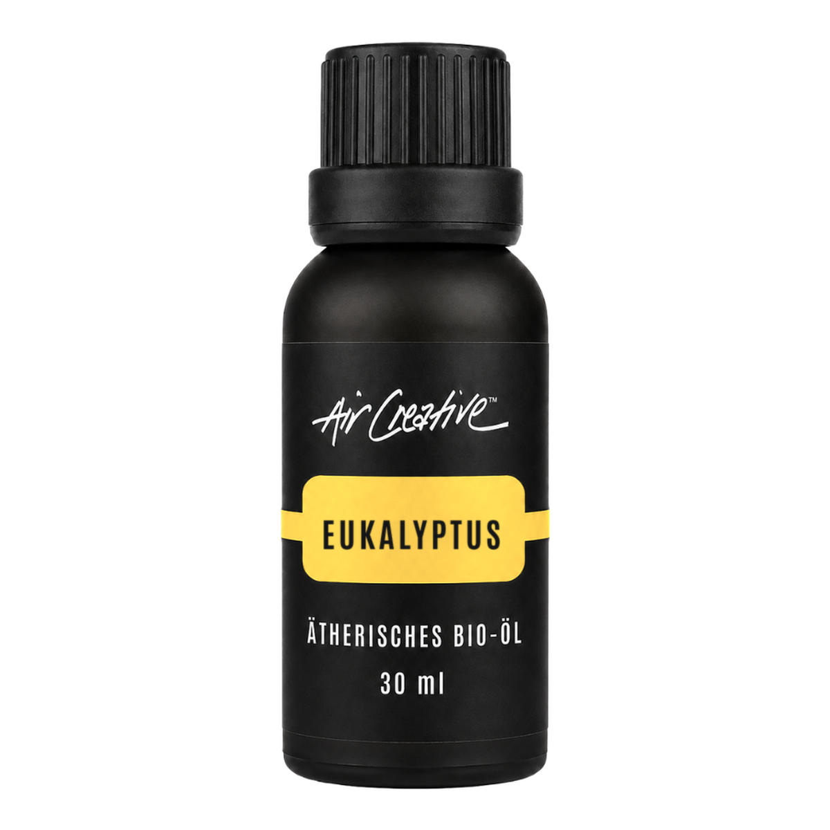 Ätherisches BIO-Öl "Eukalyptus" 30ml von Air Creative – naturreines Bio-Eukalyptusöl, schwarze Flasche auf weissem Hintergrund