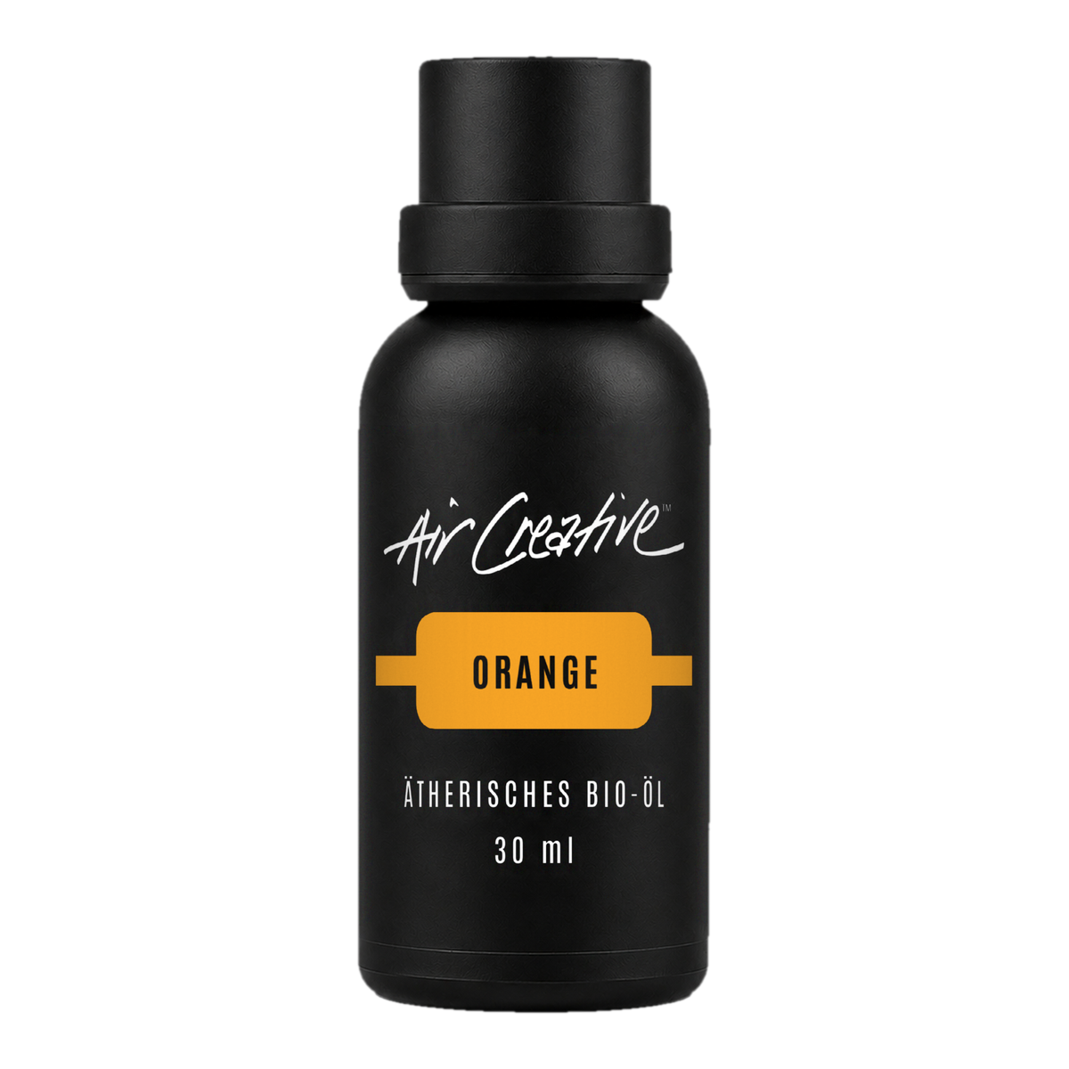 Ätherisches BIO-Öl "Orange" 30ml von Air Creative – naturreines Bio-Orangenöl, schwarze Flasche auf weissem Hintergrund
