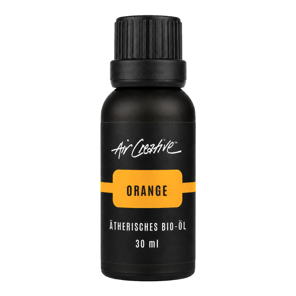 Ätherisches BIO-Öl "Orange" 30ml von Air Creative – naturreines Bio-Orangenöl, schwarze Flasche auf weissem Hintergrund