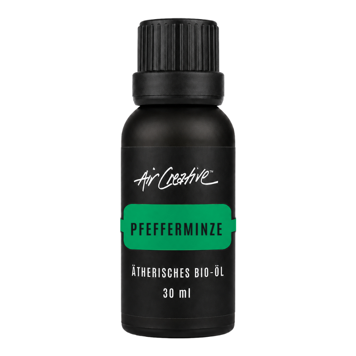 Ätherisches BIO-Öl "Pfefferminze" 30ml von Air Creative – naturreines Bio-Pfefferminzöl, schwarze Flasche auf weissem Hintergrund