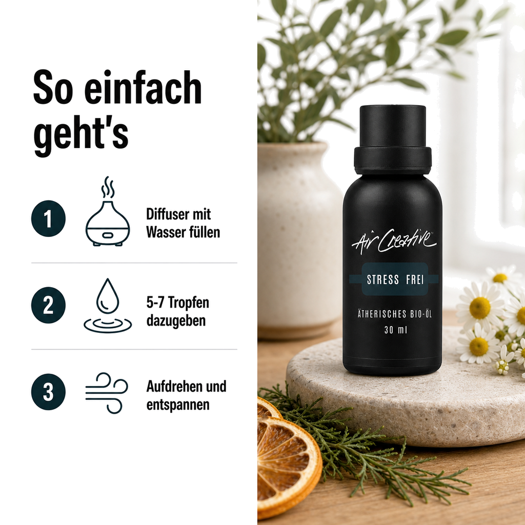 Ätherisches BIO-Öl "Stress frei" 30ml von Air Creative – Anwendung Schritt für Schritt