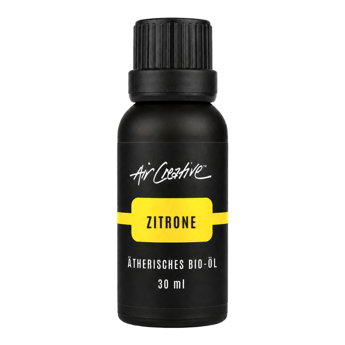 Ätherisches BIO-Öl "Zitrone" 30ml von Air Creative – naturreines Bio-Zitronenöl, schwarze Flasche auf weissem Hintergrund